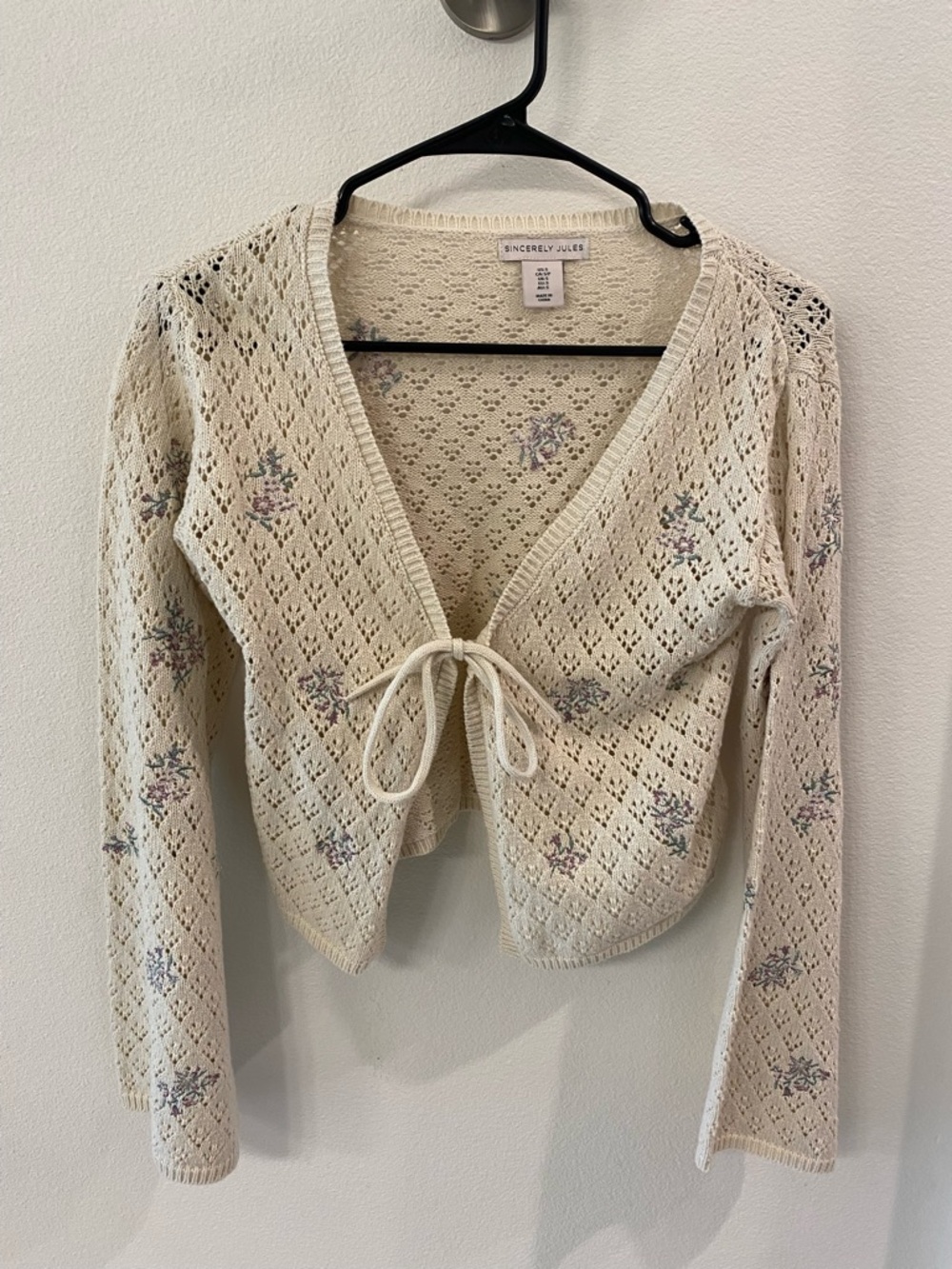 Cream Pointelle Tie-Front V-Neck Cardigan with Pastel Floral